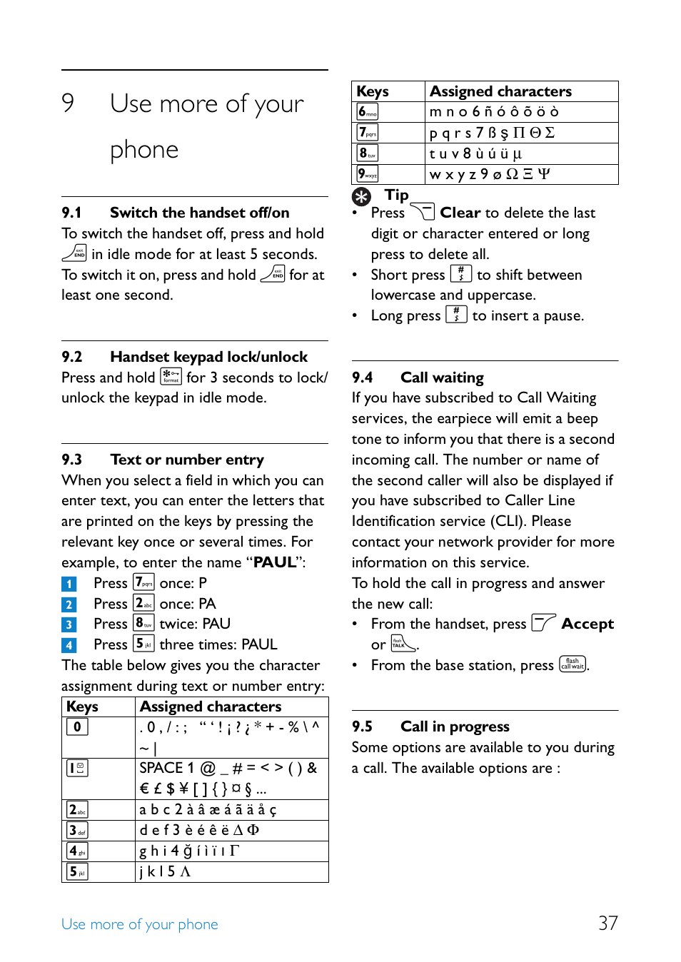 9 use more of your phone, 1 switch the handset off/on, 2 handset keypad lock/unlock | 3 text or number entry, 4 call waiting, 5 call in progress, Use more of your phone, Switch the handset off/on 37, Handset keypad lock/unlock, Text or number entry | Philips SE6581B-17 User Manual | Page 39 / 76