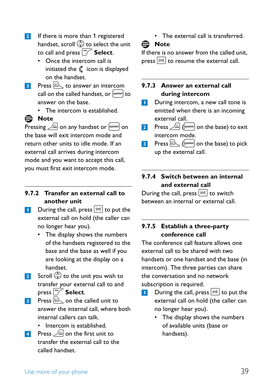 Transfer an external call to another unit, Answer an external call during intercom, Switch between an internal and external call | Establish a three-party conference call | Philips SE6581B-17 User Manual | Page 41 / 76