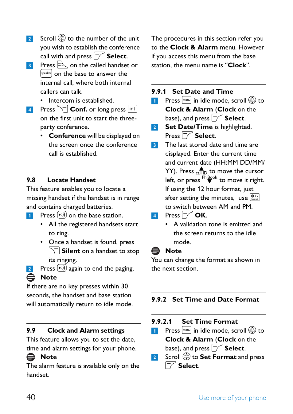 8 locate handset, 9 clock and alarm settings, Locate handset | Clock and alarm settings, Set date and time, Set time and date format 40 | Philips SE6581B-17 User Manual | Page 42 / 76