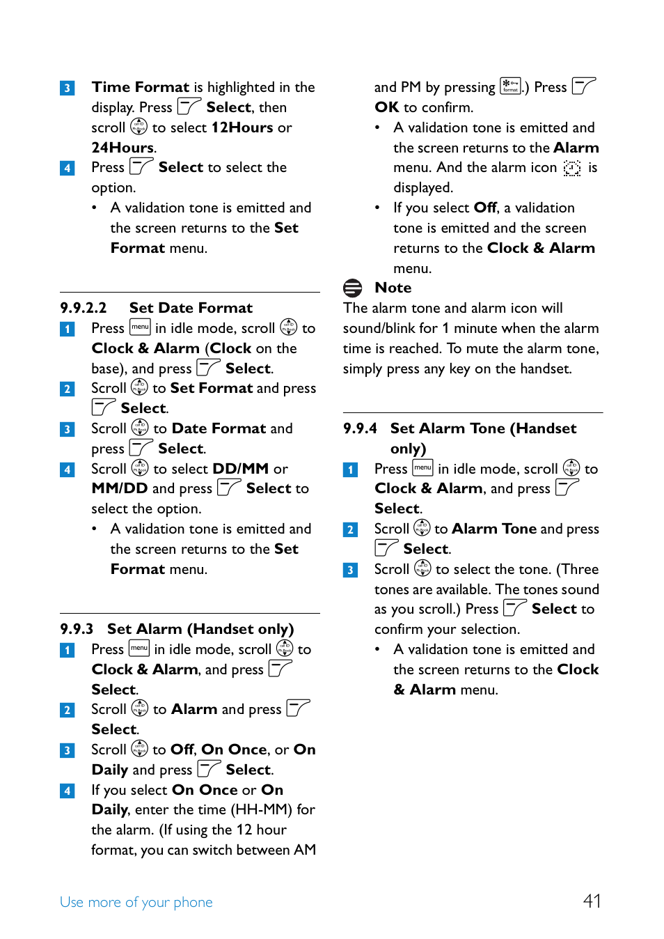 Set alarm (handset only), Set alarm tone (handset only) | Philips SE6581B-17 User Manual | Page 43 / 76