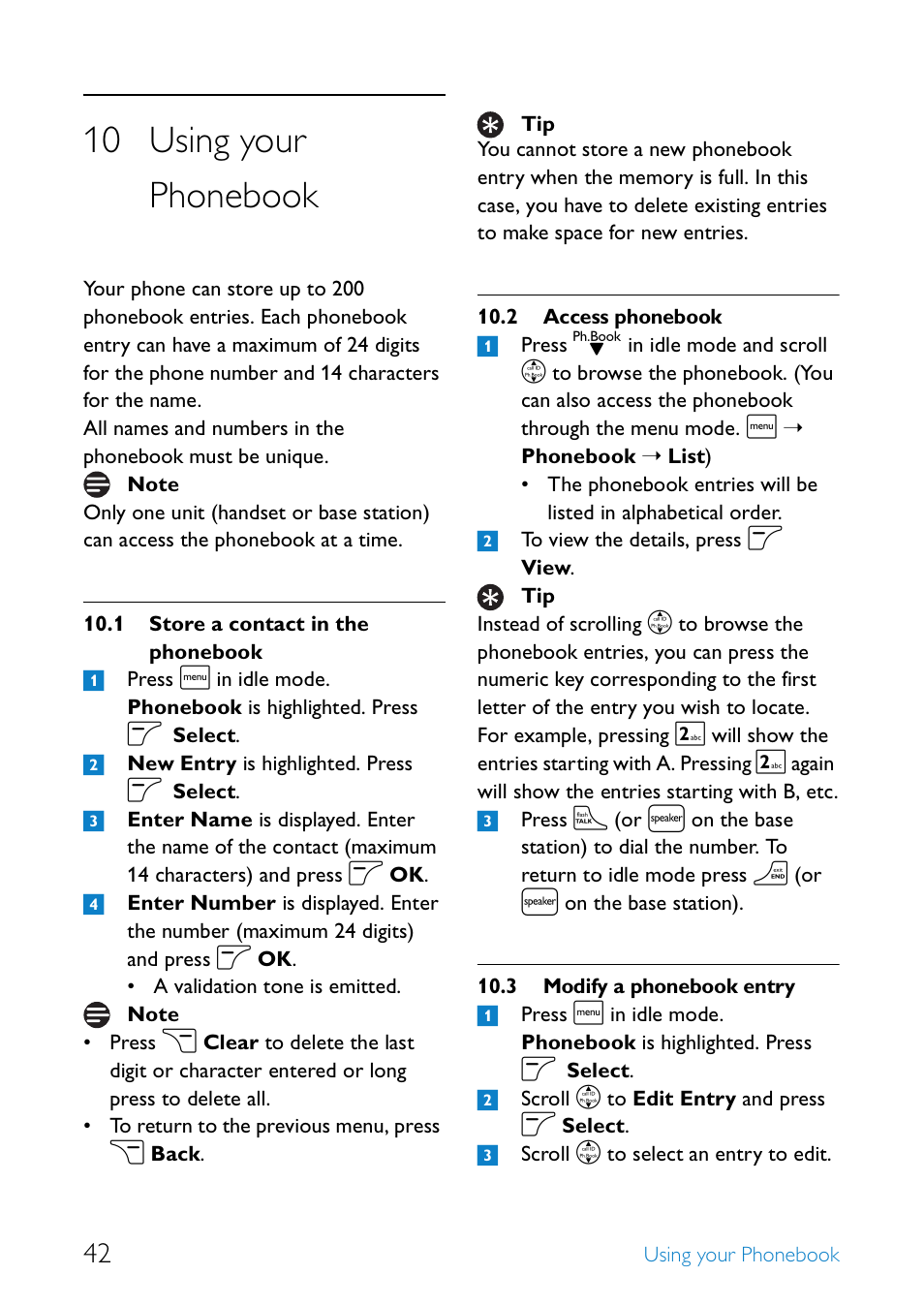 10 using your phonebook, 1 store a contact in the phonebook, 2 access phonebook | 3 modify a phonebook entry, Using your phonebook 42, Store a contact in the phonebook, Access phonebook, Modify a phonebook entry 42 | Philips SE6581B-17 User Manual | Page 44 / 76