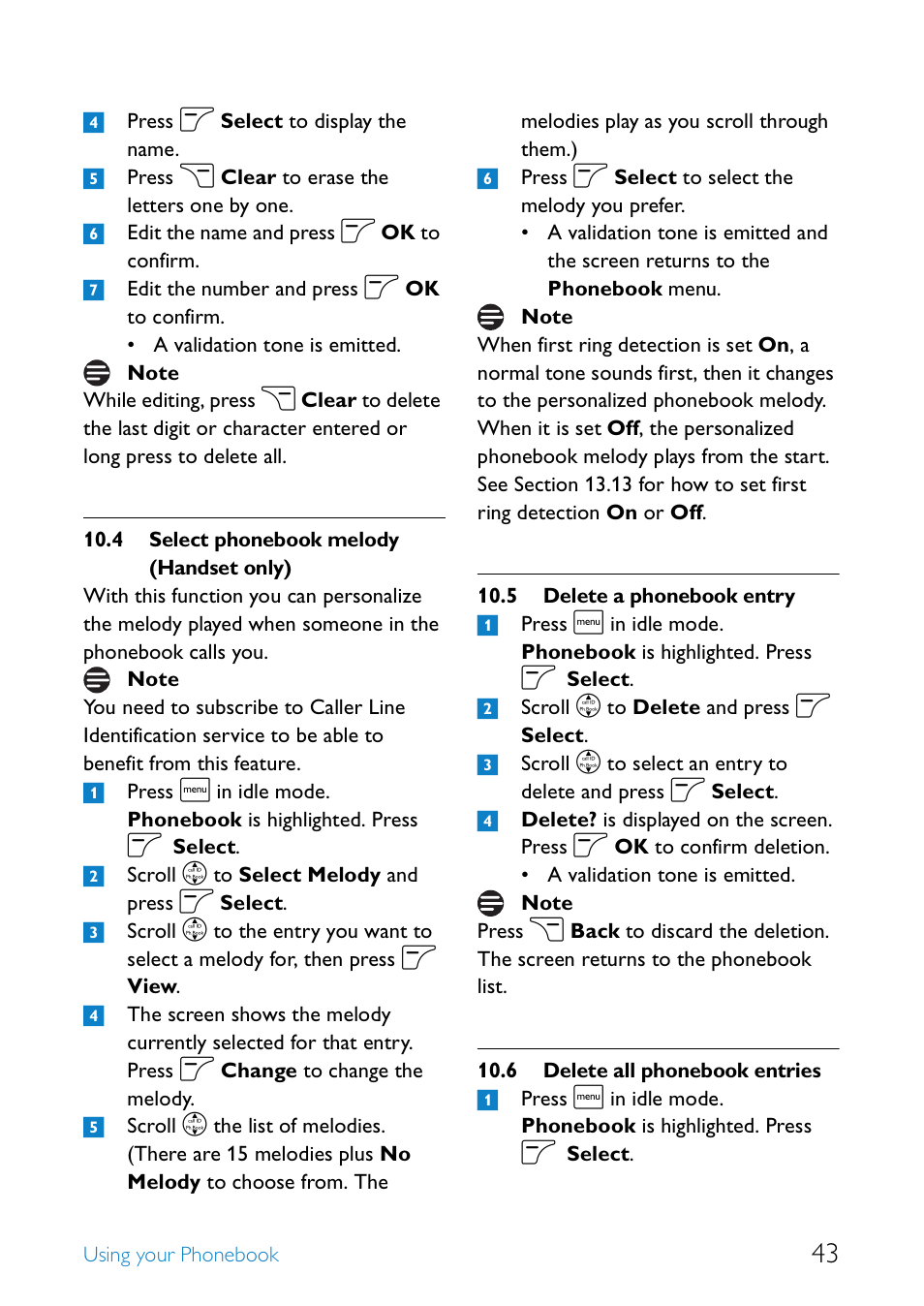 4 select phonebook melody (handset only), 5 delete a phonebook entry, 6 delete all phonebook entries | Select phonebook melody (handset only), Delete a phonebook entry 43, Delete all phonebook entries | Philips SE6581B-17 User Manual | Page 45 / 76