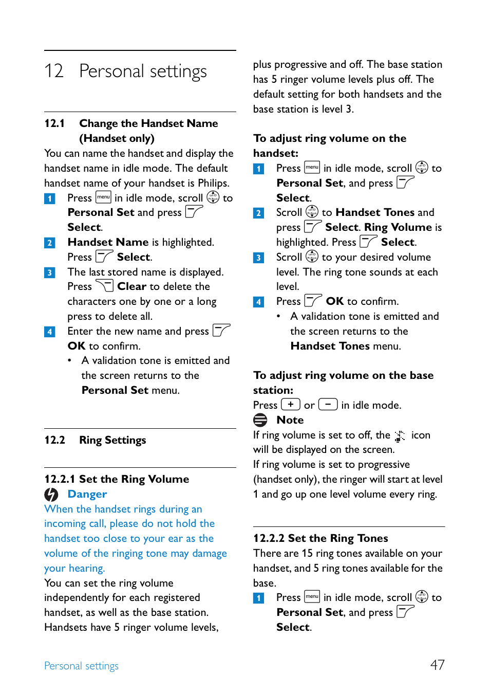 12 personal settings, 1 change the handset name (handset only), 2 ring settings | Personal settings, Change the handset name (handset only), Ring settings, Set the ring volume, Set the ring tones | Philips SE6581B-17 User Manual | Page 49 / 76