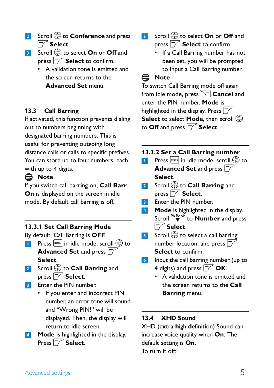 3 call barring, 4 xhd sound, Call barring | Set call barring mode, Set a call barring number, Xhd sound | Philips SE6581B-17 User Manual | Page 53 / 76