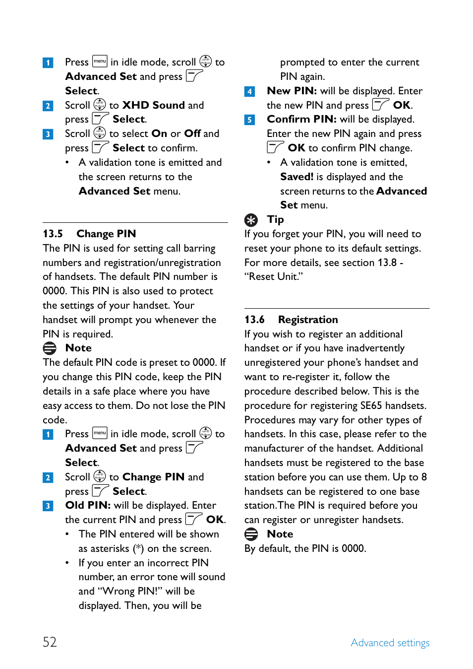 5 change pin, 6 registration, Change pin | Registration | Philips SE6581B-17 User Manual | Page 54 / 76