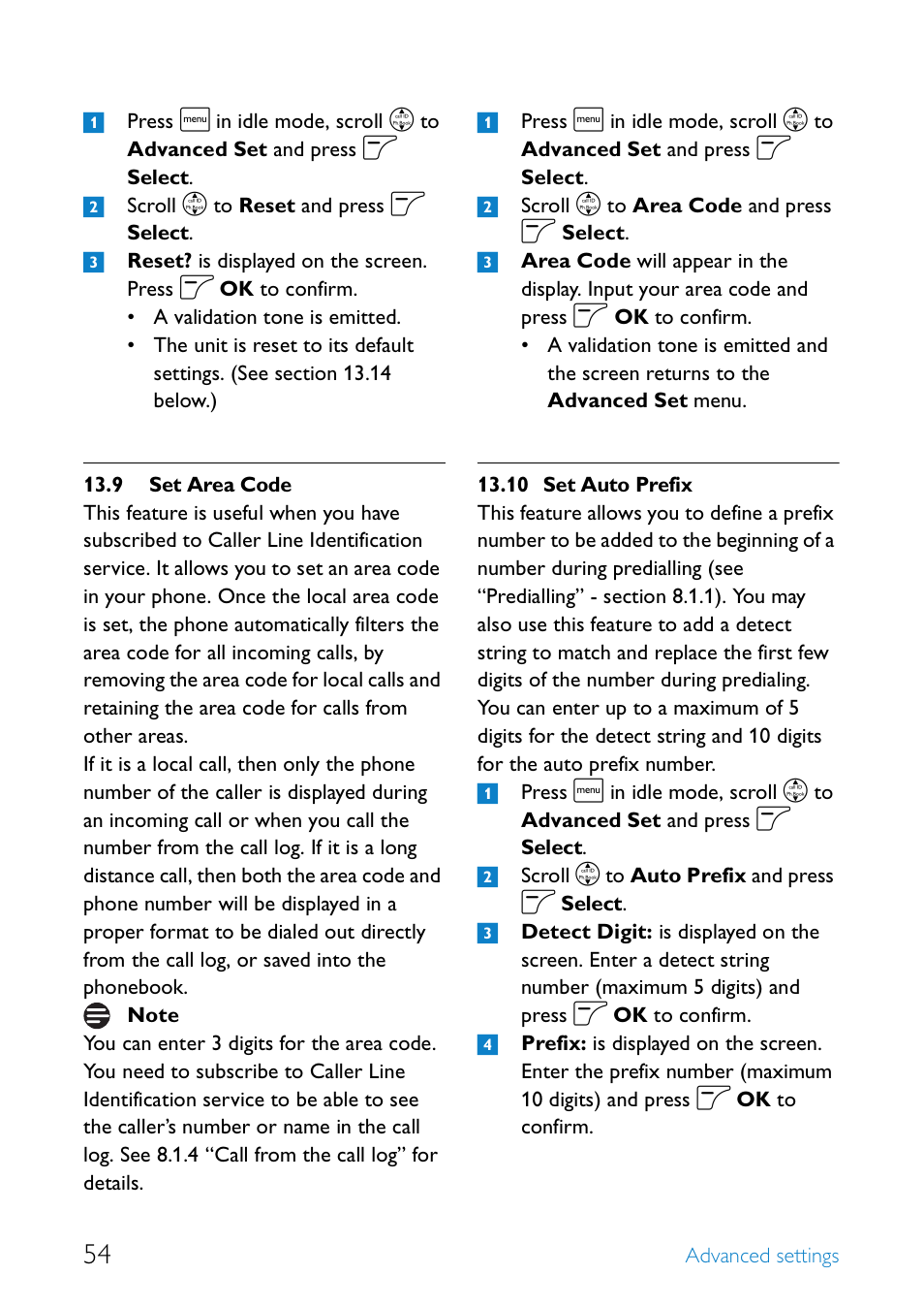 9 set area code, 10 set auto prefix, Set area code | Set auto prefix | Philips SE6581B-17 User Manual | Page 56 / 76