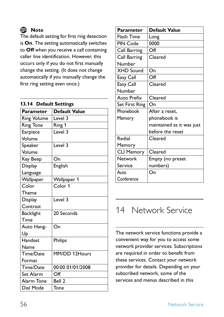 14 default settings, 14 network service, Default settings | Network service | Philips SE6581B-17 User Manual | Page 58 / 76