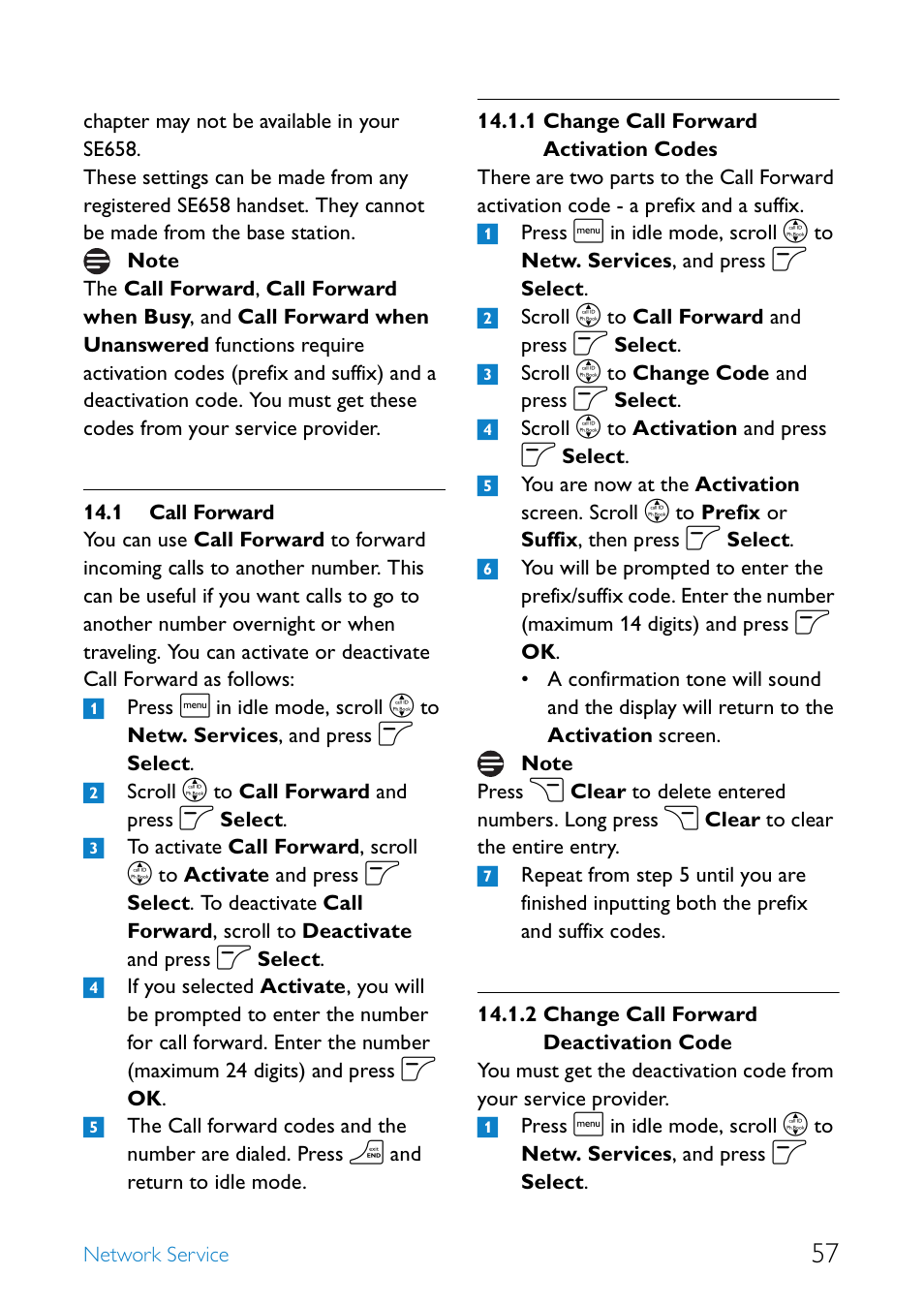 1 call forward, Call forward, Change call forward activation codes | Change call forward deactivation code | Philips SE6581B-17 User Manual | Page 59 / 76
