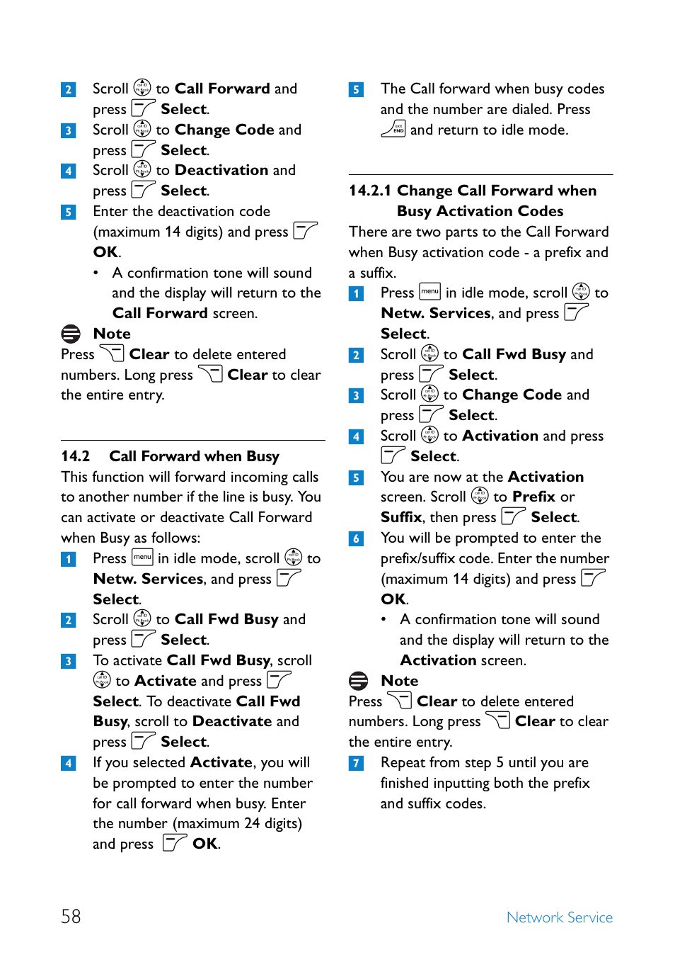2 call forward when busy, Call forward when busy, Change call forward when busy activation codes | Philips SE6581B-17 User Manual | Page 60 / 76