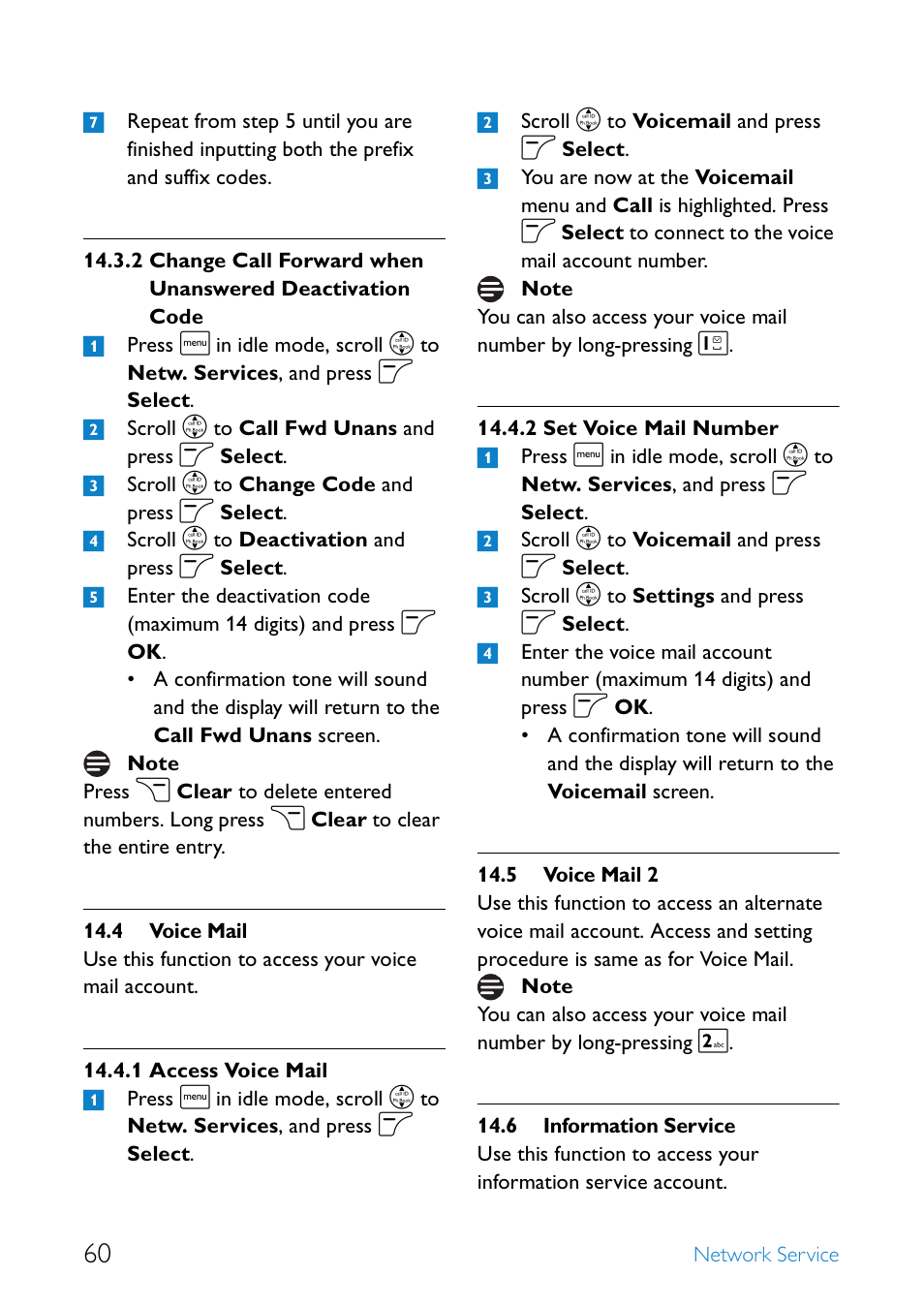 4 voice mail, 5 voice mail 2, 6 information service | Voice mail, Access voice mail, Set voice mail number, Voice mail 2, Information service | Philips SE6581B-17 User Manual | Page 62 / 76