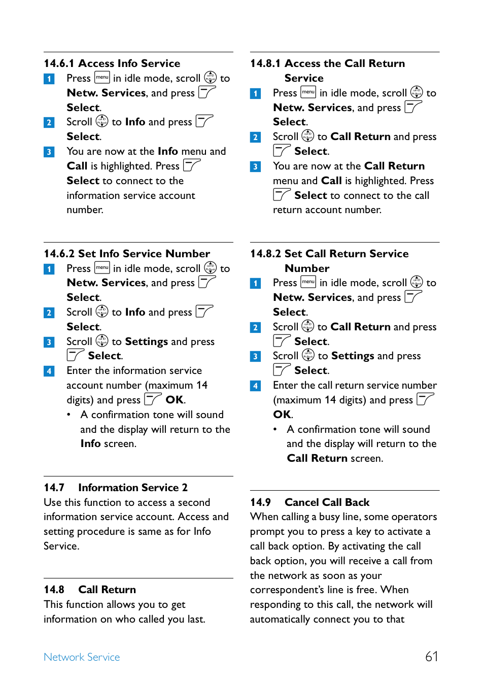 7 information service 2, 8 call return, 9 cancel call back | Access info service, Set info service number, Information service 2, Call return, Access the call return service, Set call return service number, Cancel call back | Philips SE6581B-17 User Manual | Page 63 / 76
