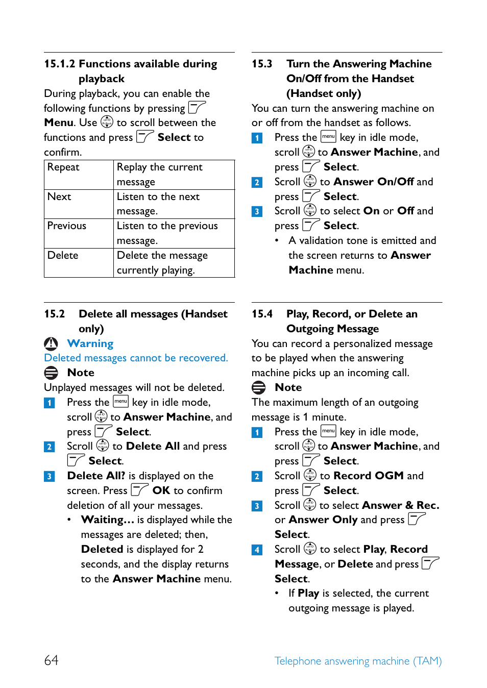 2 delete all messages (handset only), 4 play, record, or delete an outgoing message, Functions available during playback | Delete all messages (handset only), Play, record, or delete an outgoing message | Philips SE6581B-17 User Manual | Page 66 / 76