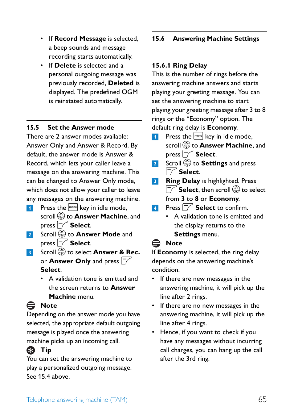 5 set the answer mode, 6 answering machine settings, Set the answer mode | Answering machine settings, Ring delay | Philips SE6581B-17 User Manual | Page 67 / 76