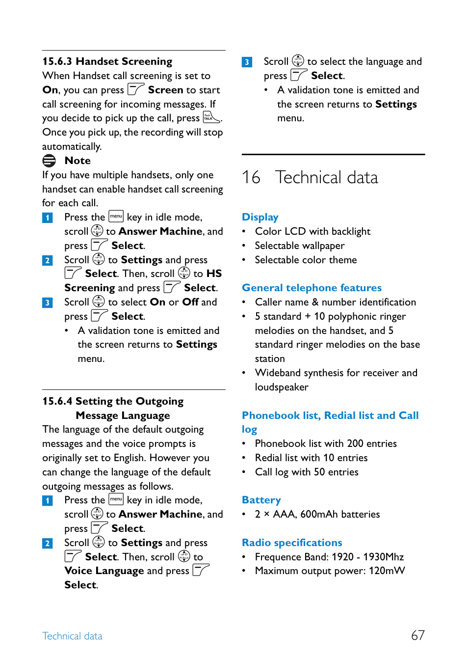 16 technical data, Handset screening, Setting the outgoing message language | Technical data | Philips SE6581B-17 User Manual | Page 69 / 76