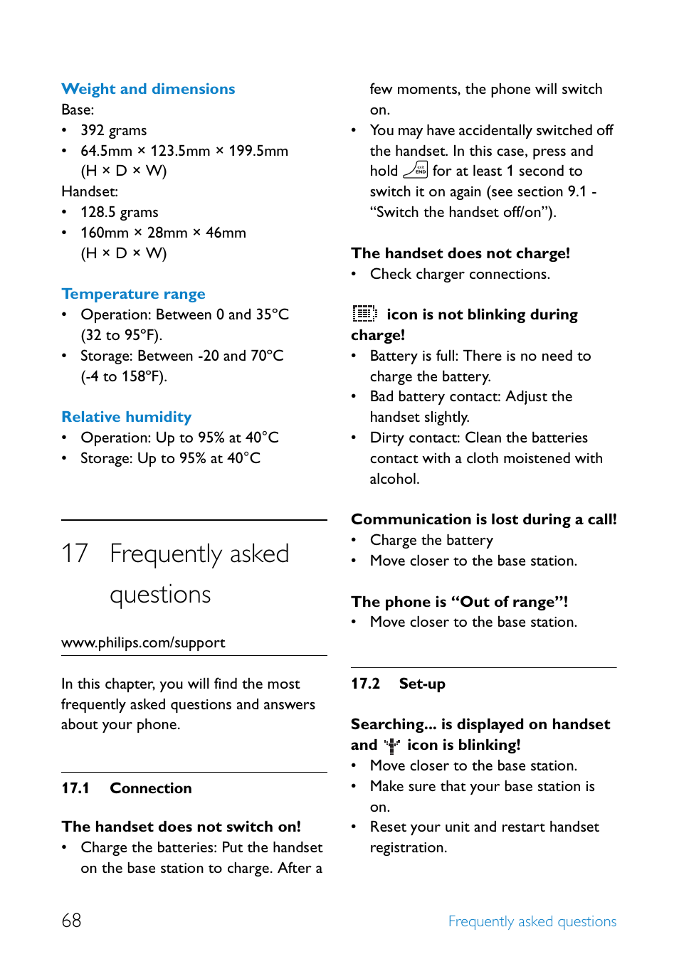 17 frequently asked questions, 1 connection, 2 set-up | Frequently asked questions, Connection, Set-up | Philips SE6581B-17 User Manual | Page 70 / 76