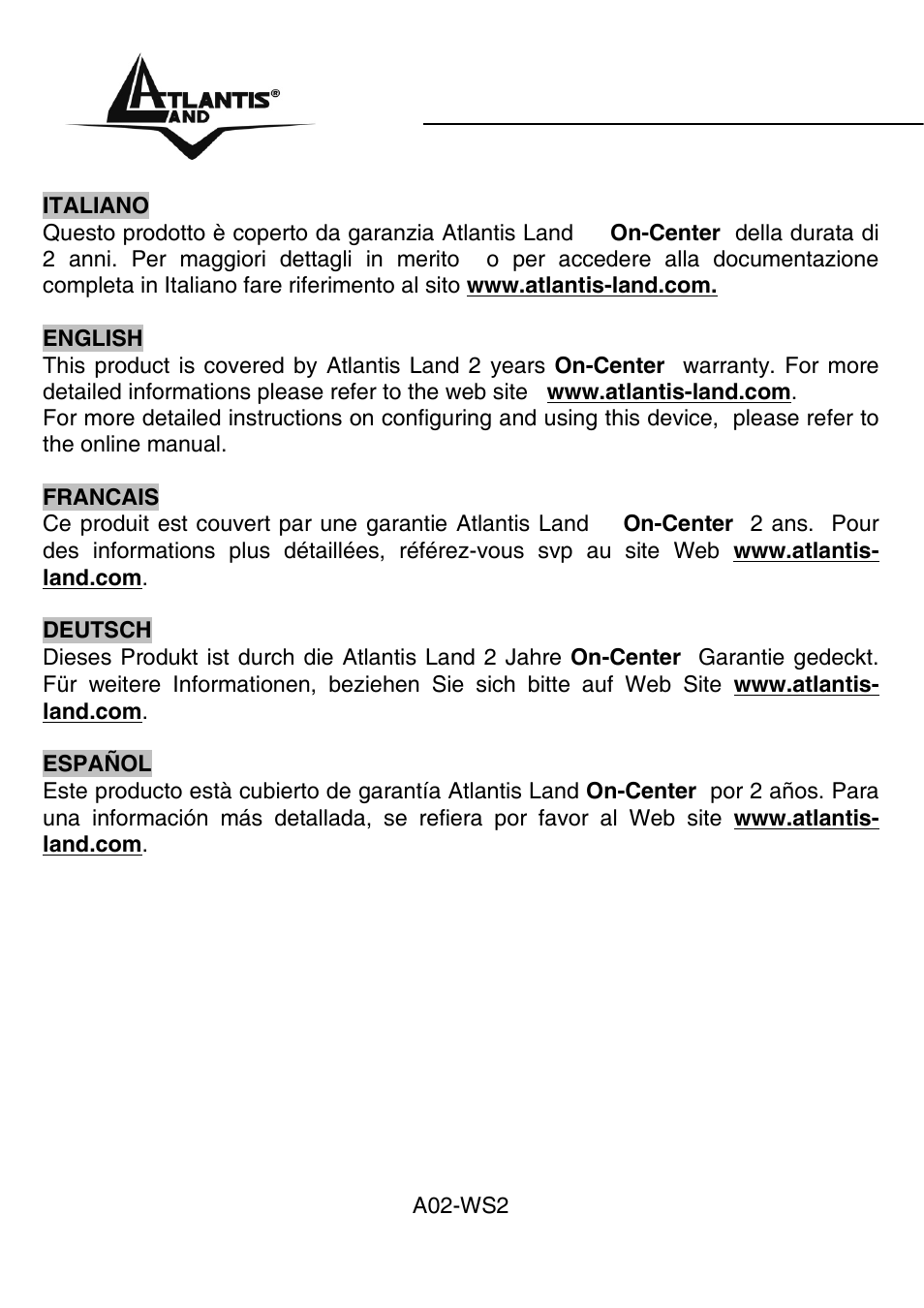 Warranty | Atlantis Land A02-WS2 GX01 User Manual | Page 2 / 77