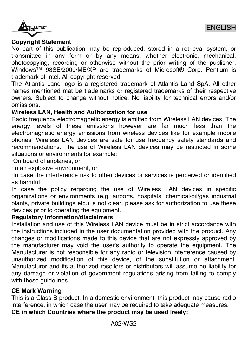 Atlantis Land A02-WS2 GX01 User Manual | Page 29 / 77