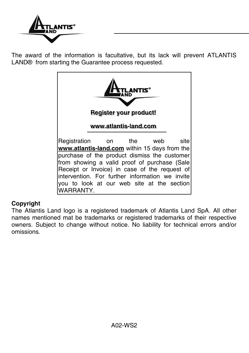 Atlantis Land A02-WS2 GX01 User Manual | Page 3 / 77