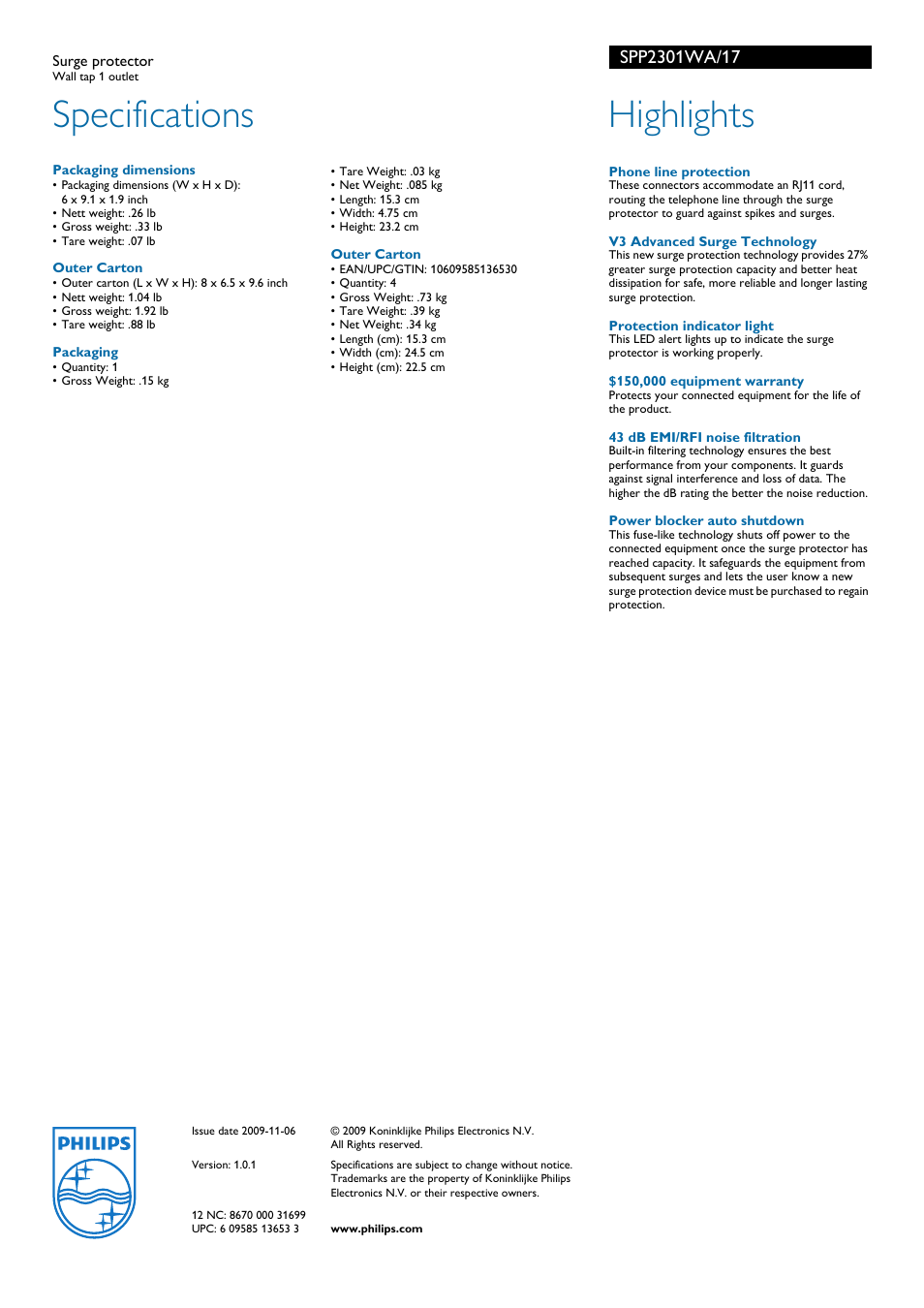 Specifications, Highlights | Philips SPP2301WA-17 User Manual | Page 2 / 2