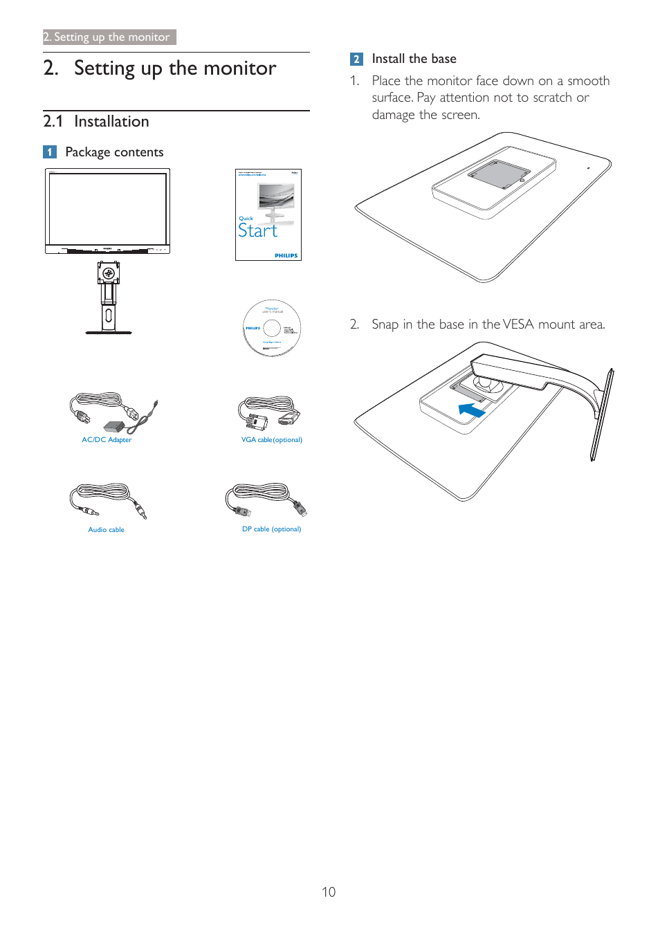 Setting up the monitor, 1 installation, Package contents | Philips C271P4QPJEW-27 User Manual | Page 12 / 53