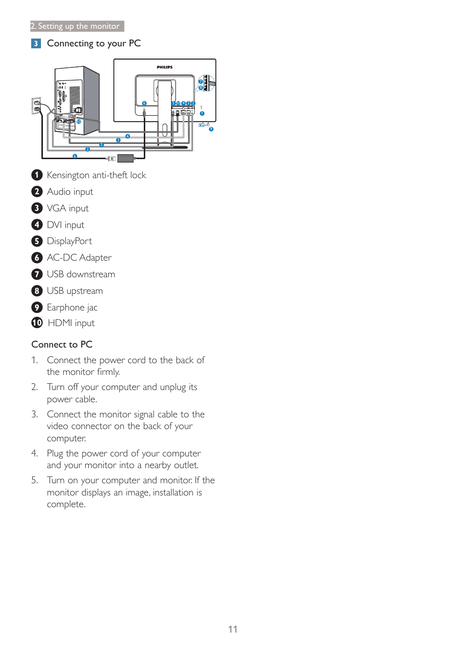 Connecting to your pc, Kensington anti-theft lock, Audio input | Vga input, Dvi input, Displayport, Ac-dc adapter, Usb downstream, Usb upstream | Philips C271P4QPJEW-27 User Manual | Page 13 / 53