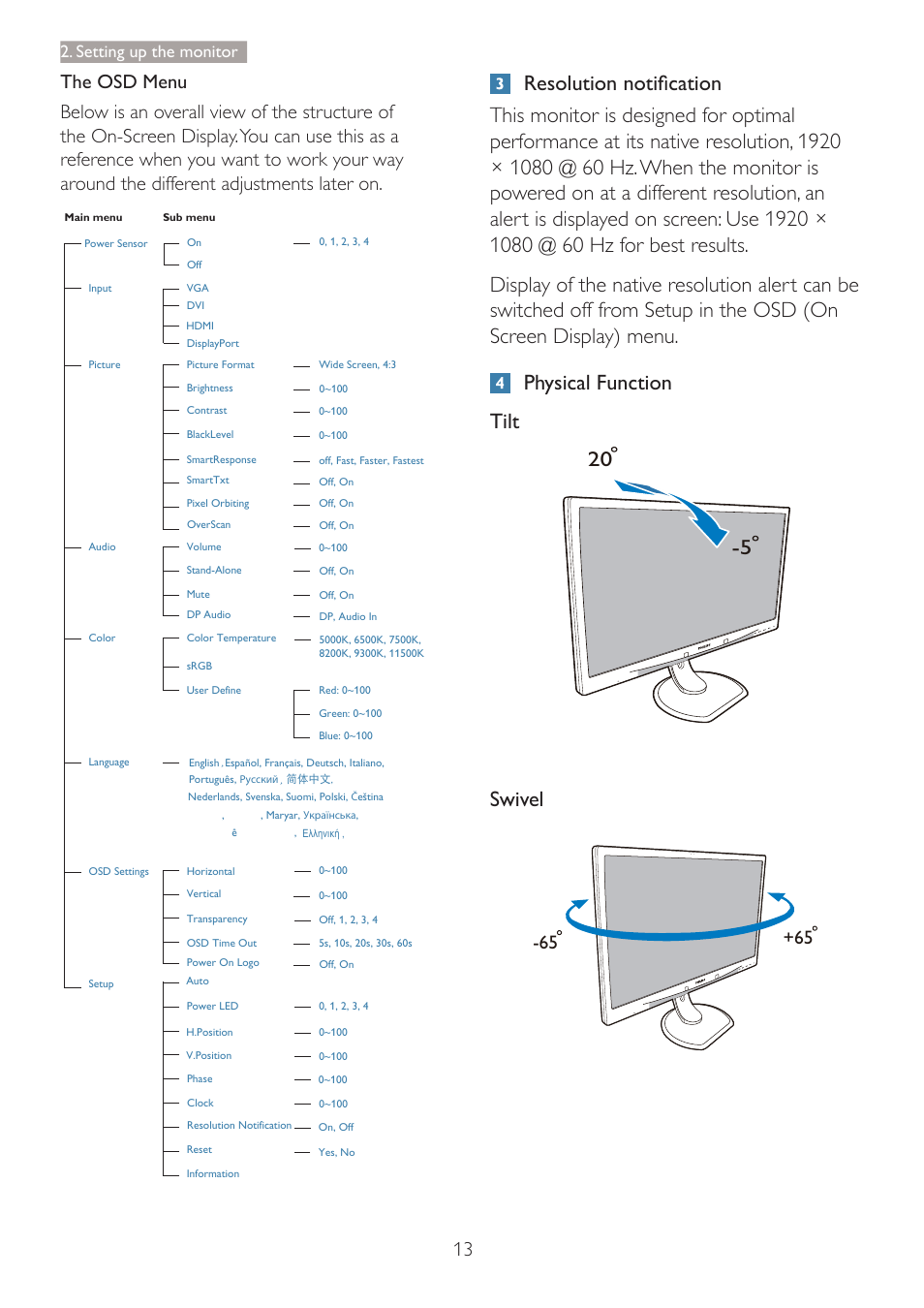 Swivel, Setting up the monitor | Philips C271P4QPJEW-27 User Manual | Page 15 / 53