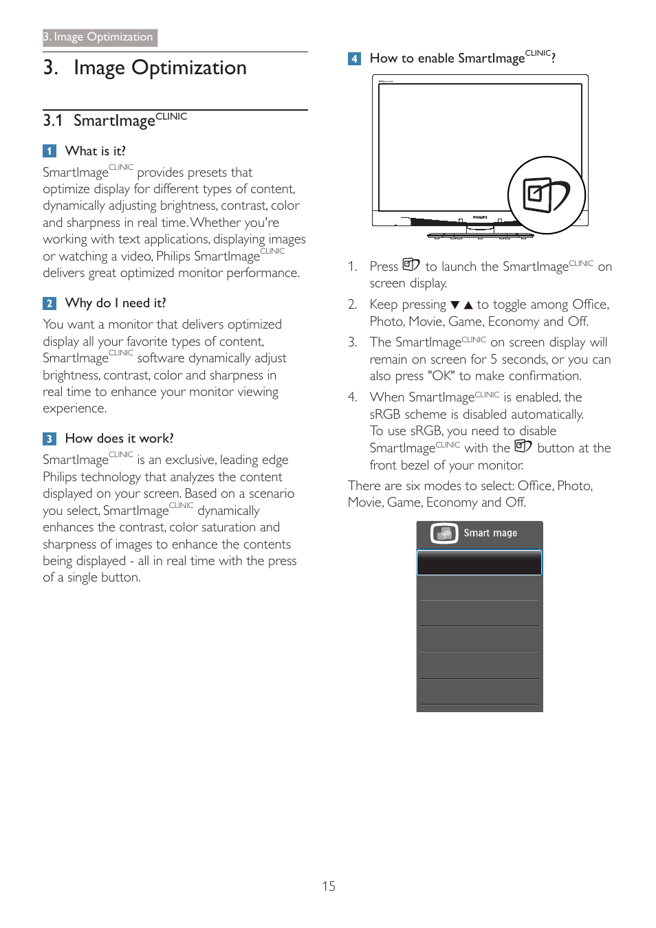 Image optimization, 1 smartimage | Philips C271P4QPJEW-27 User Manual | Page 17 / 53