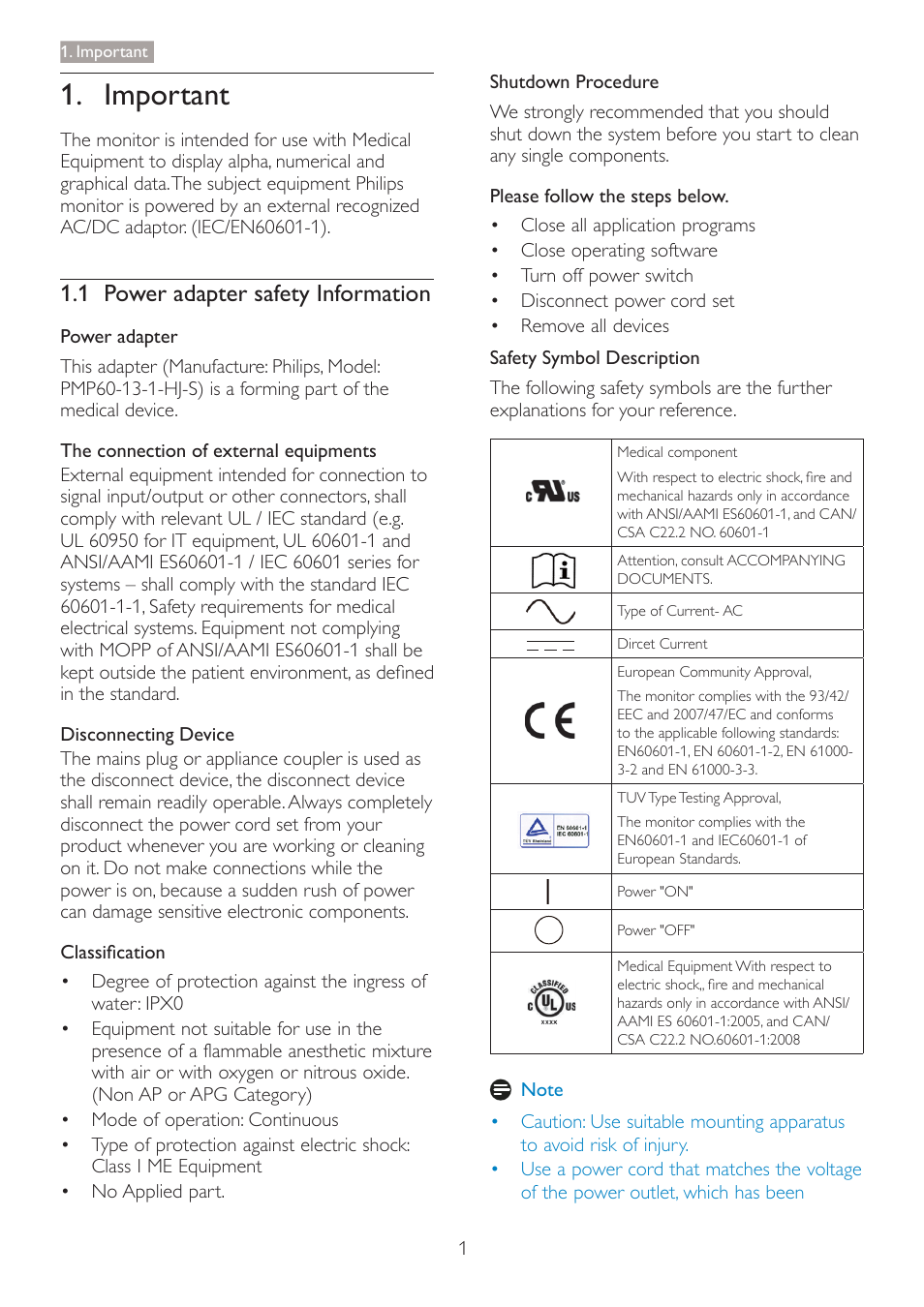 Important, 1 power adapter safety information | Philips C271P4QPJEW-27 User Manual | Page 3 / 53