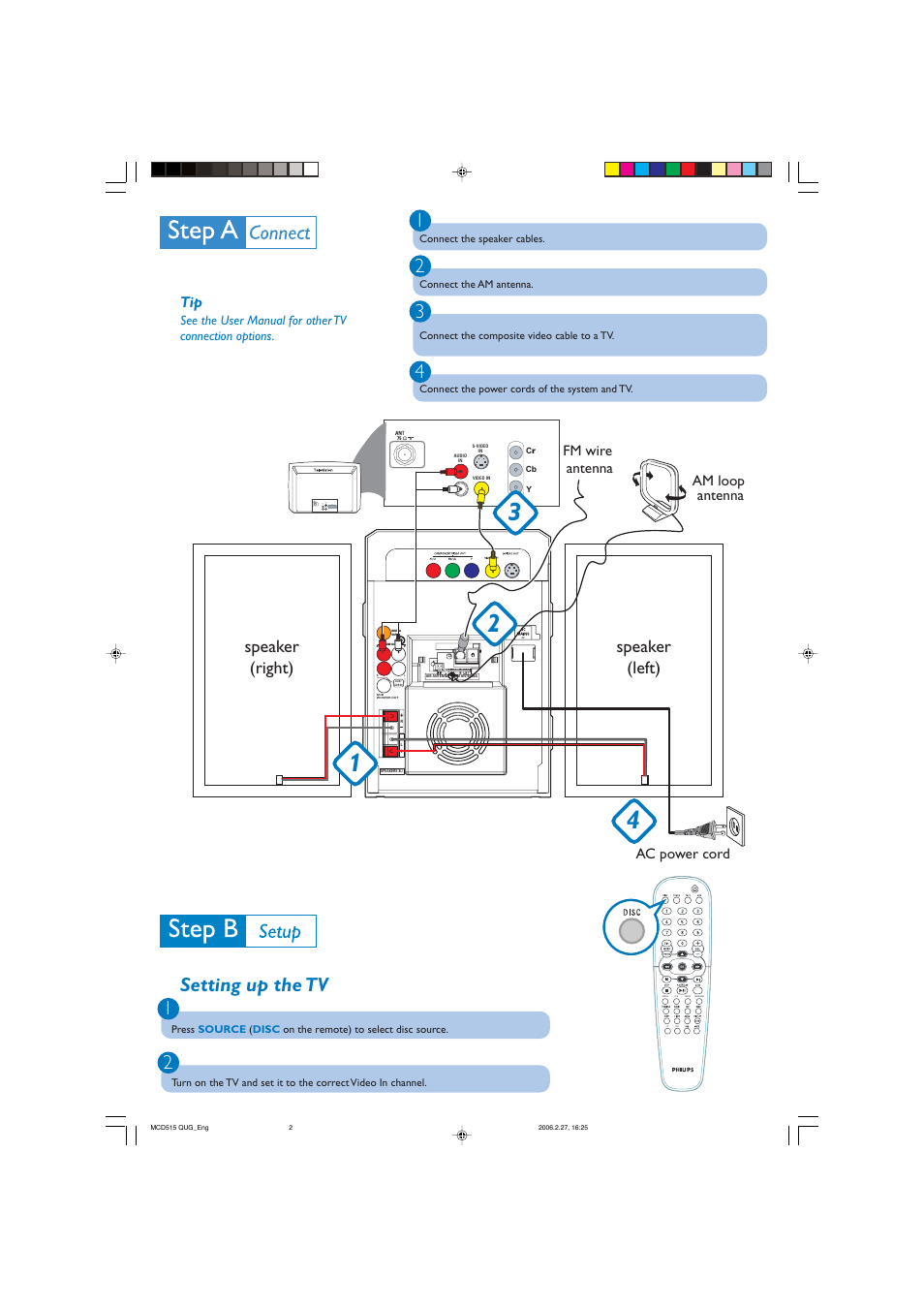Setting up the tv 1 2 4 3, Speaker (right) speaker (left), Ac power cord fm wire antenna | Am loop antenna, Audio in s-video in video in tv in | Philips MCD515-37B User Manual | Page 2 / 4