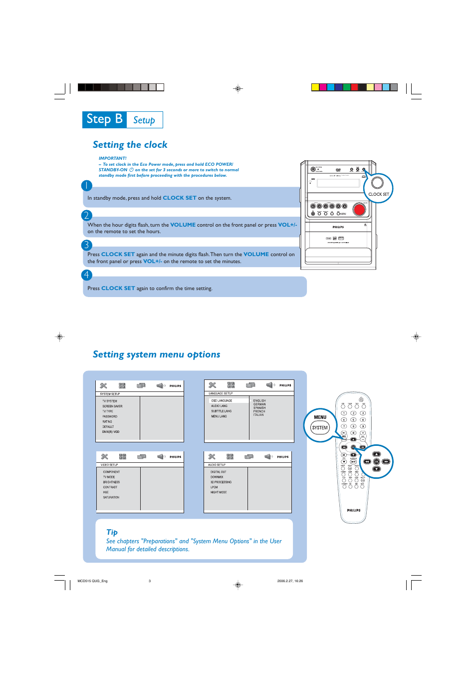 Setting the clock 1 2 3 4, Setting system menu options | Philips MCD515-37B User Manual | Page 3 / 4
