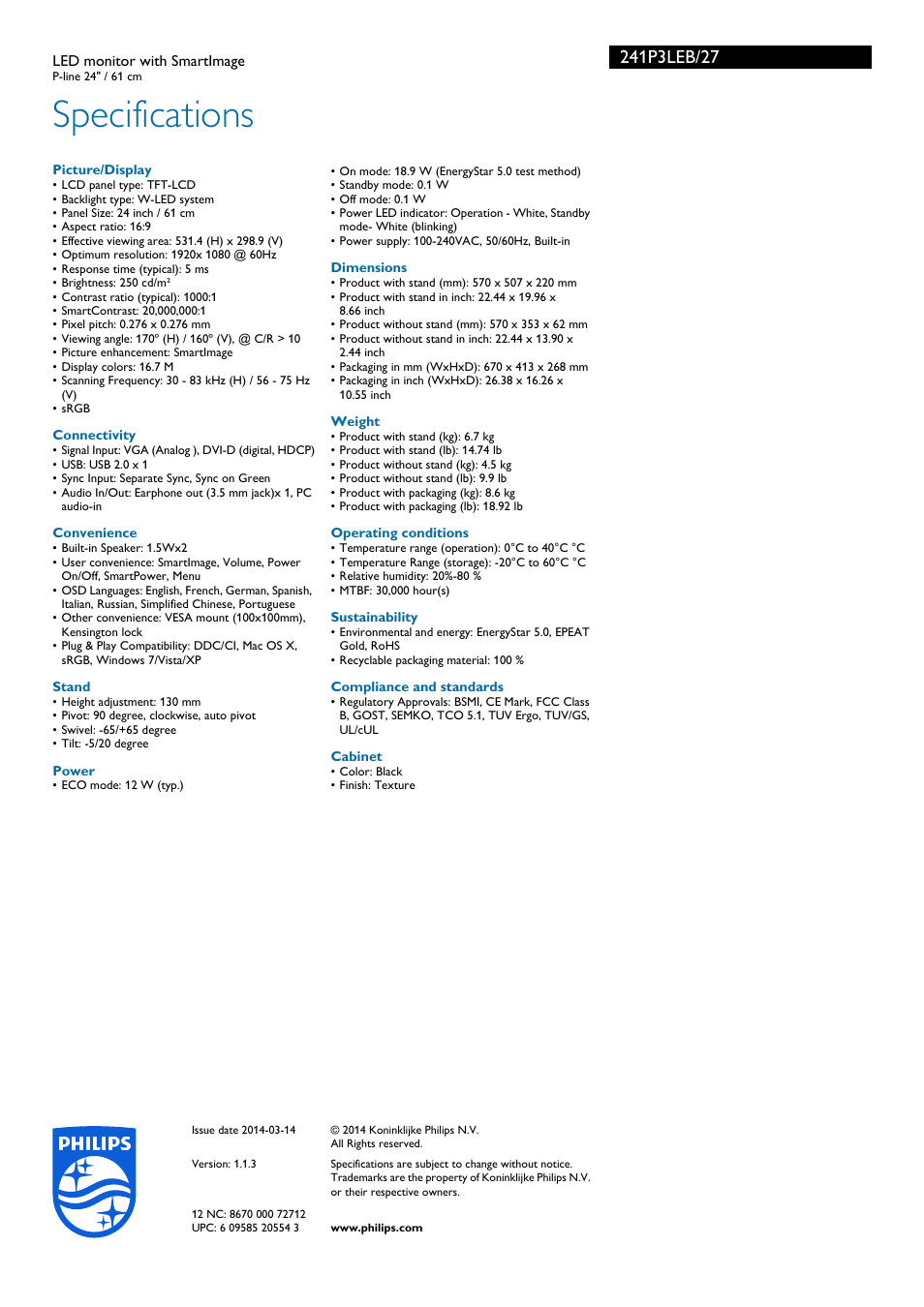 Specifications | Philips 241P3LEB-27 User Manual | Page 3 / 3