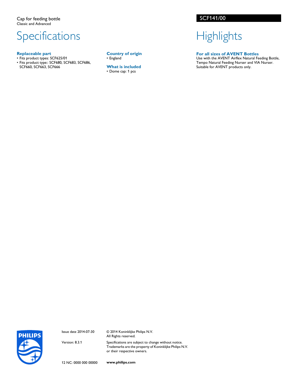 Specifications, Highlights | Philips SCF141-00 User Manual | Page 2 / 2
