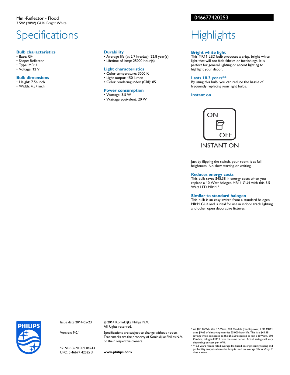 Specifications, Highlights | Philips 046677420253 User Manual | Page 2 / 2