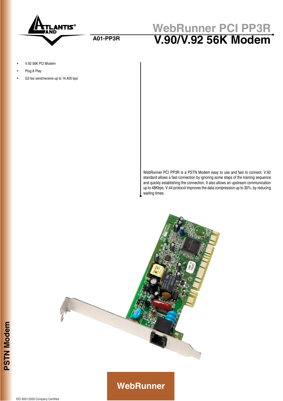 Atlantis Land WebRunner PCI V.90/V.92 56K Modem A01-PP3R User Manual | 2 pages