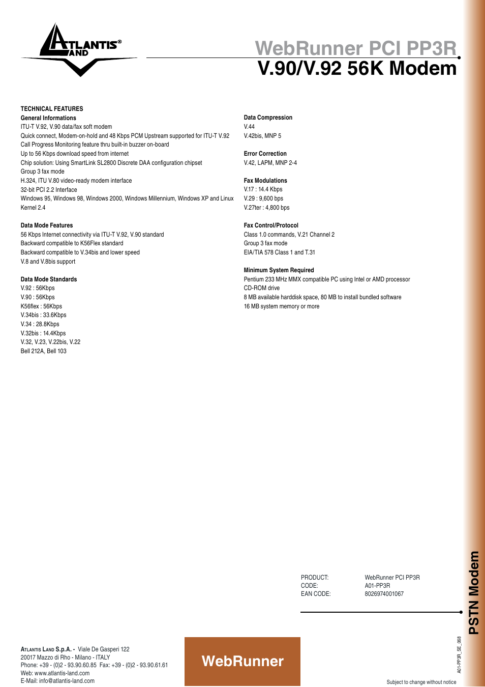 Webrunner, Pstn modem | Atlantis Land WebRunner PCI V.90/V.92 56K Modem A01-PP3R User Manual | Page 2 / 2