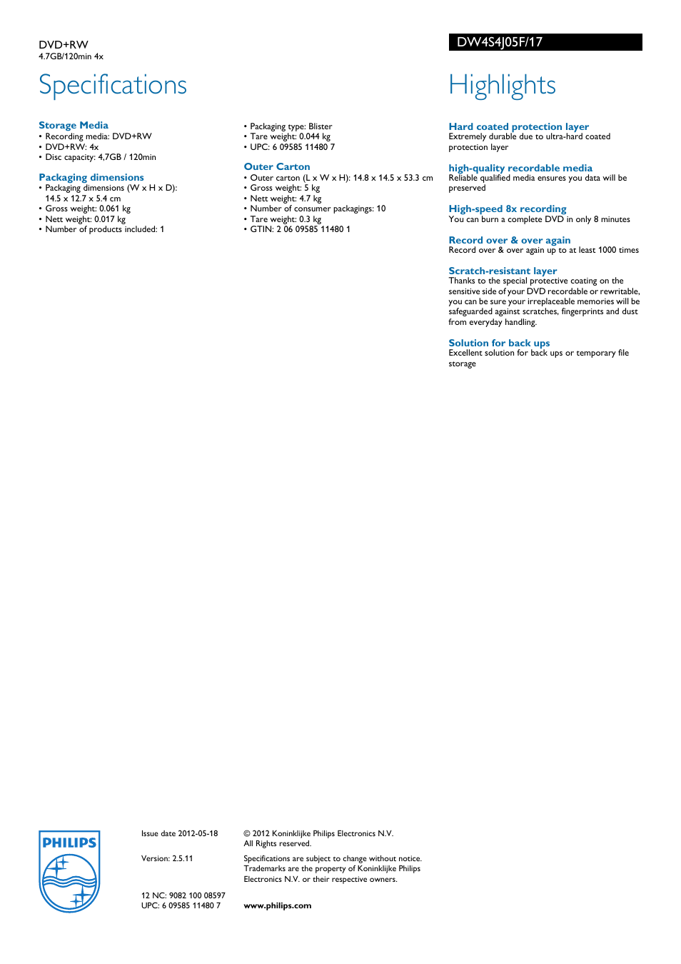 Specifications, Highlights | Philips DW4S4J05F-17 User Manual | Page 2 / 2