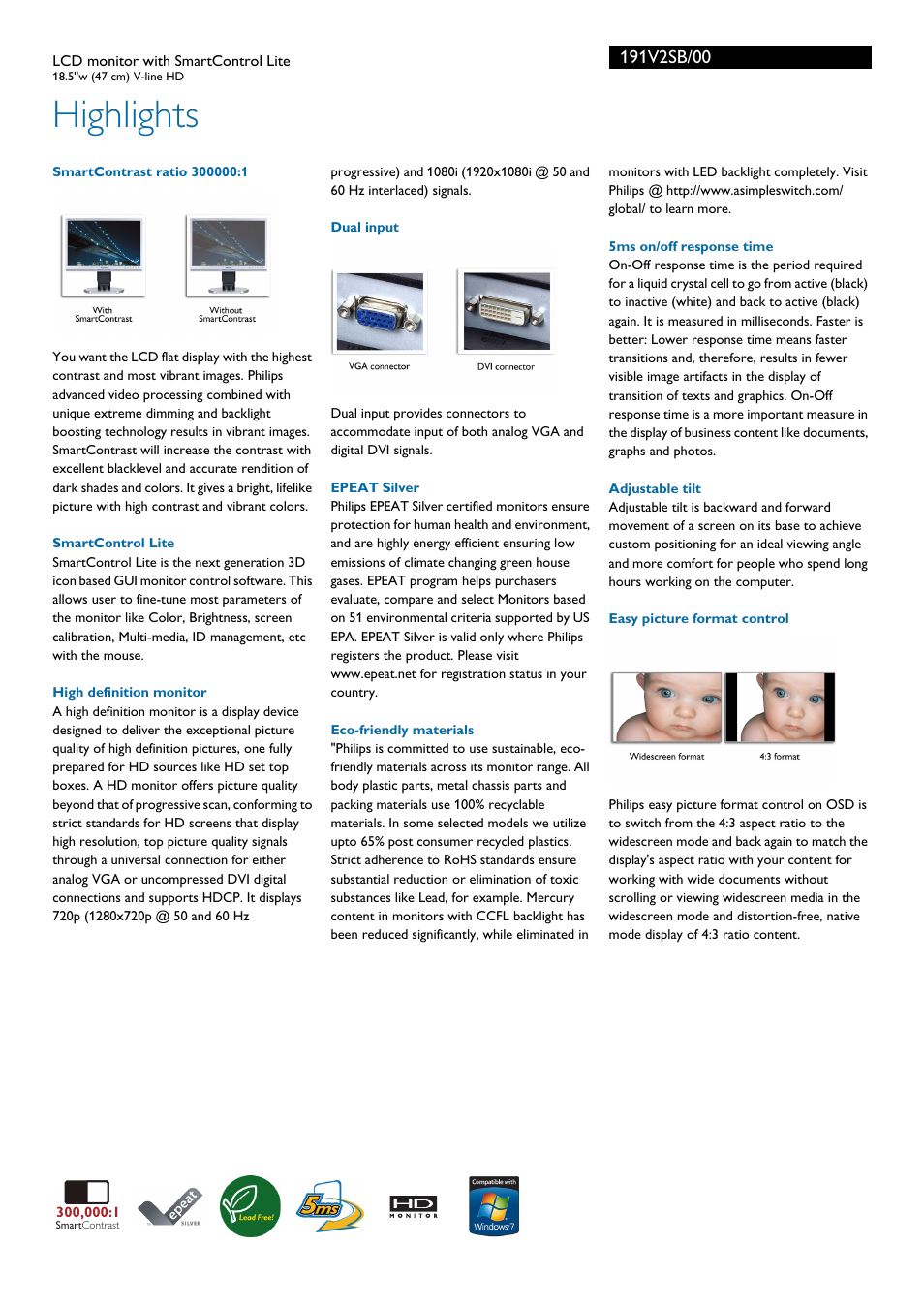 Highlights | Philips 191V2SB-00 User Manual | Page 2 / 3