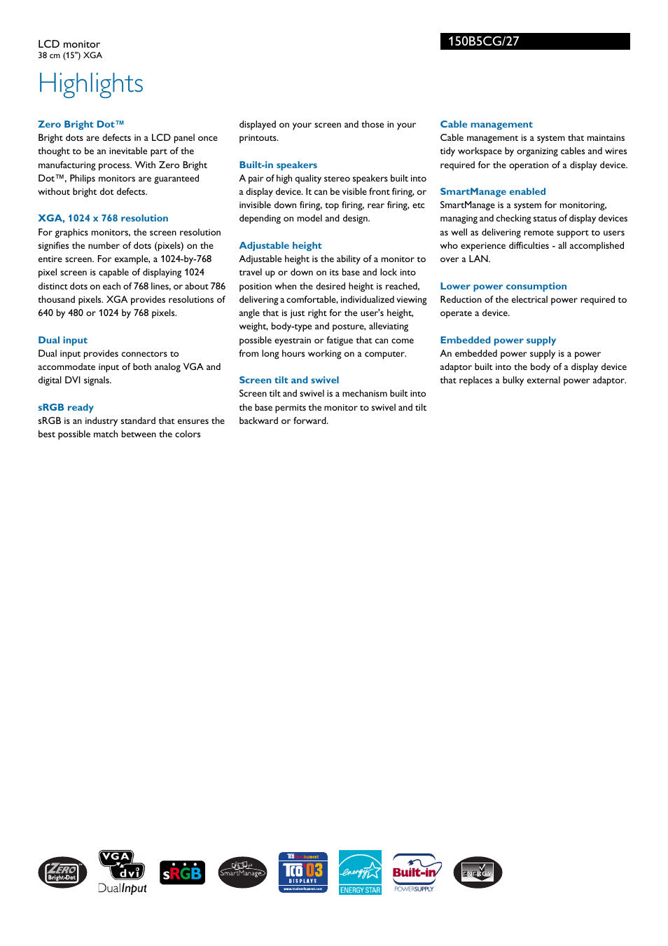Highlights | Philips 150B5CG-27 User Manual | Page 2 / 3