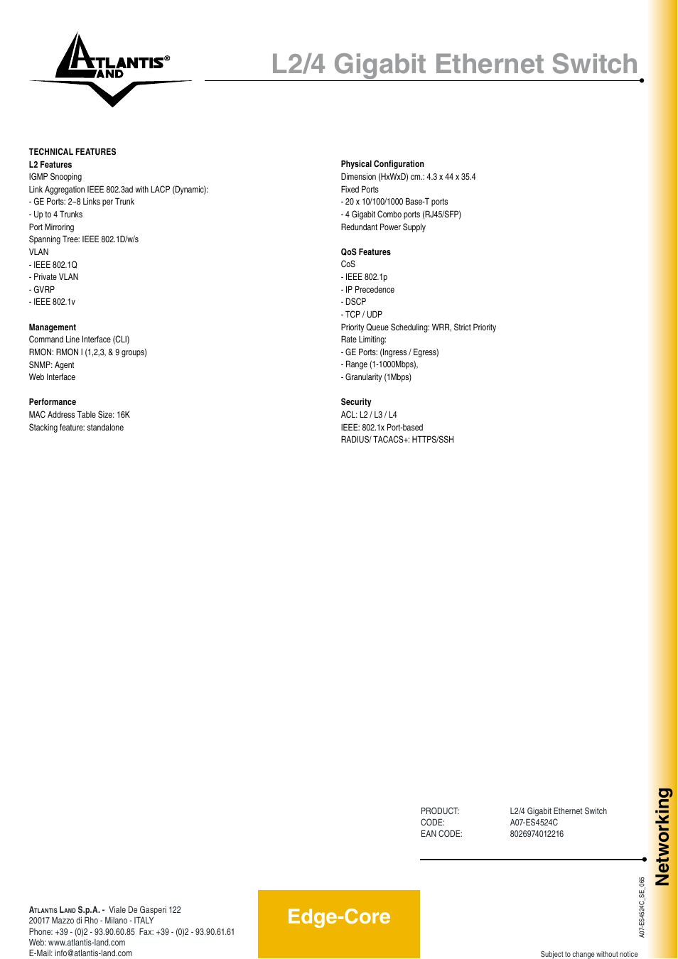 L2/4 gigabit ethernet switch, Edge-core, Networking | Atlantis Land A07-ES4524C User Manual | Page 2 / 2