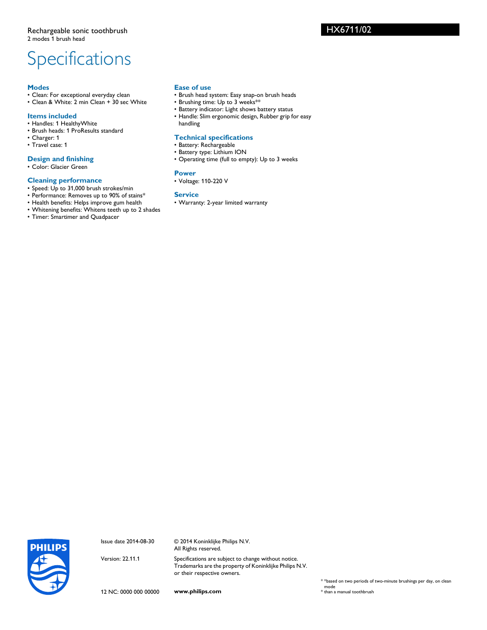 Specifications | Philips HX6711-02 User Manual | Page 3 / 3