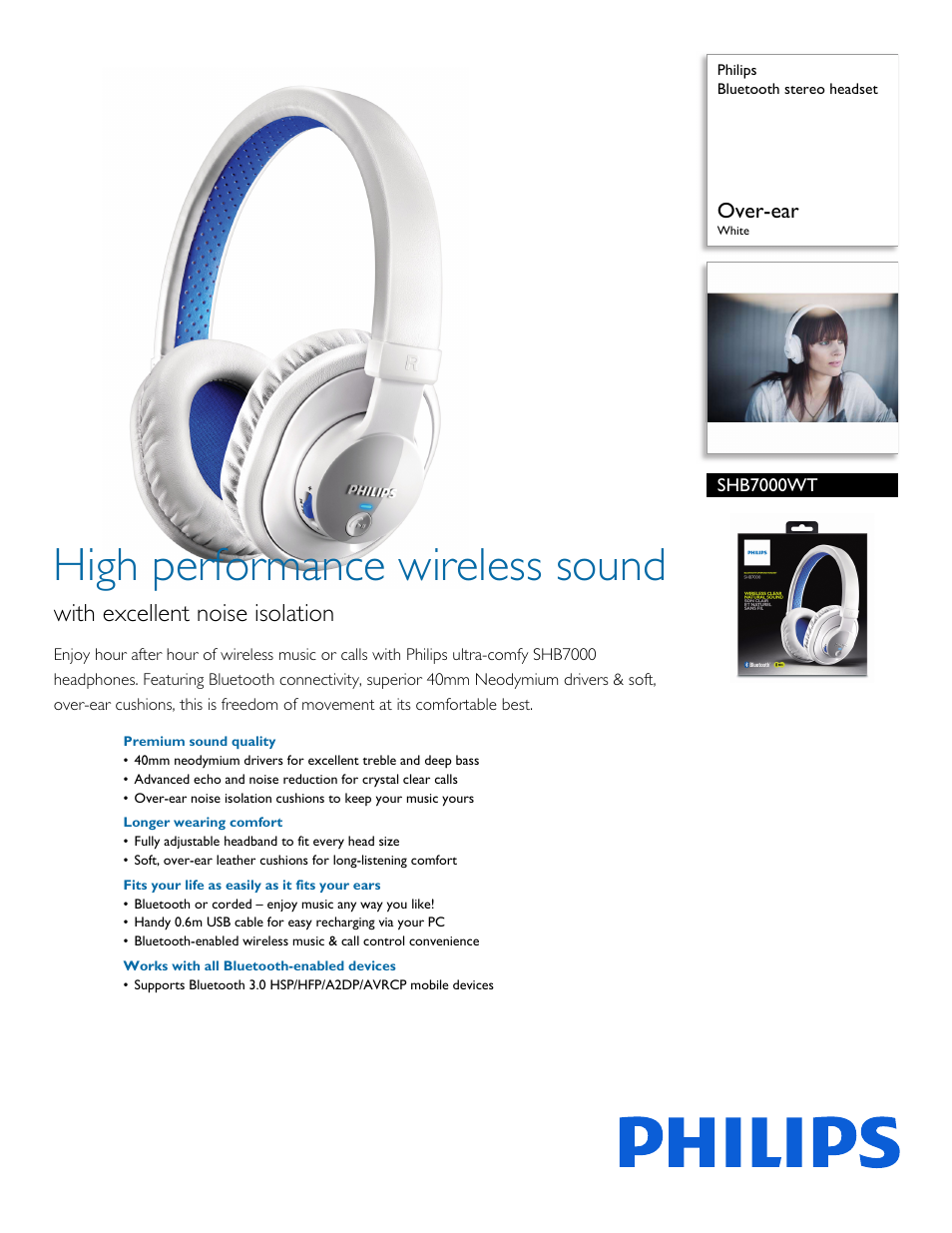 Philips Bluetooth stereo headset SHB7000WT Over-ear White User Manual | 2 pages