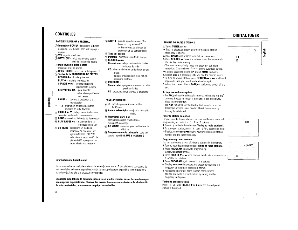 Digital tuner, Controles digital tuner | Philips AZ114017 User Manual | Page 11 / 22