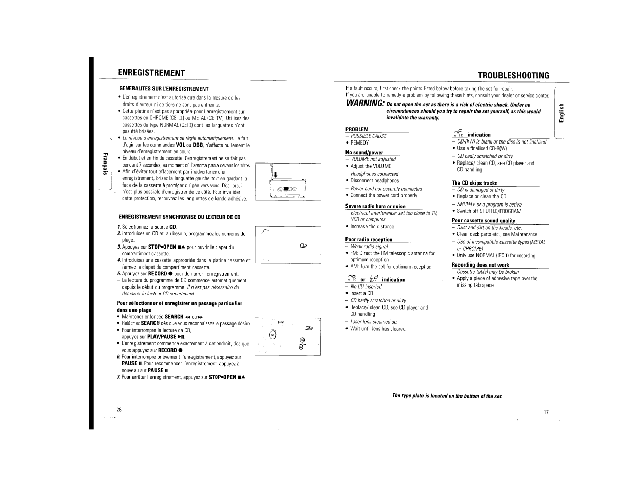 Enregistrement, Troubleshooting, Enregistrement troubleshooting | Warning | Philips AZ114017 User Manual | Page 17 / 22