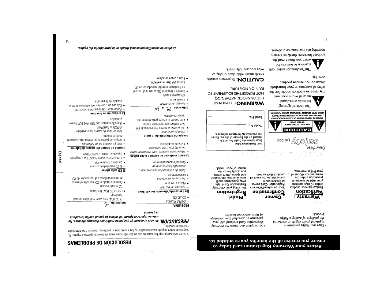 Warranty i verification, Owner i confirmation, Model i registration | Warning, Caution | Philips AZ114017 User Manual | Page 2 / 22