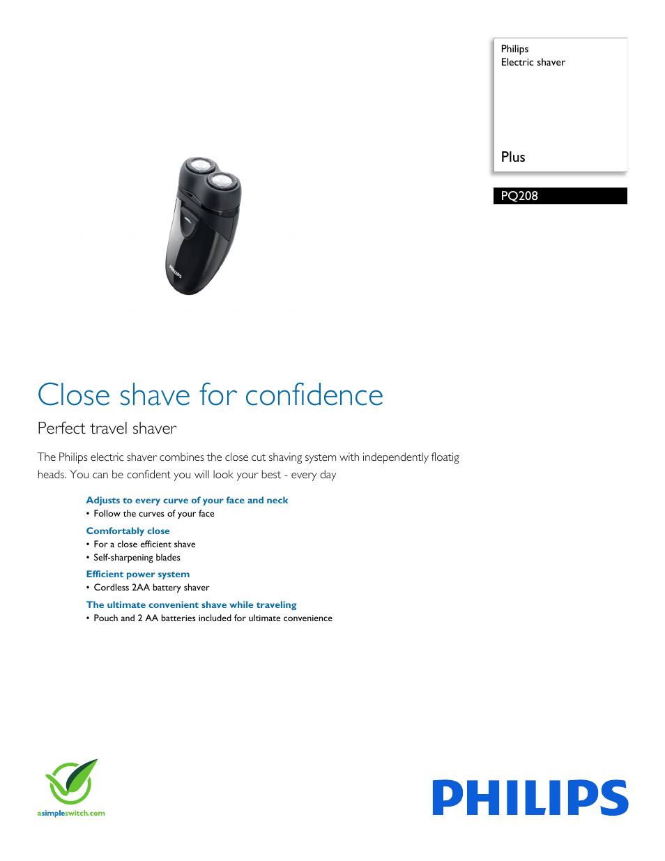 Philips Electric shaver PQ208 Plus User Manual | 2 pages