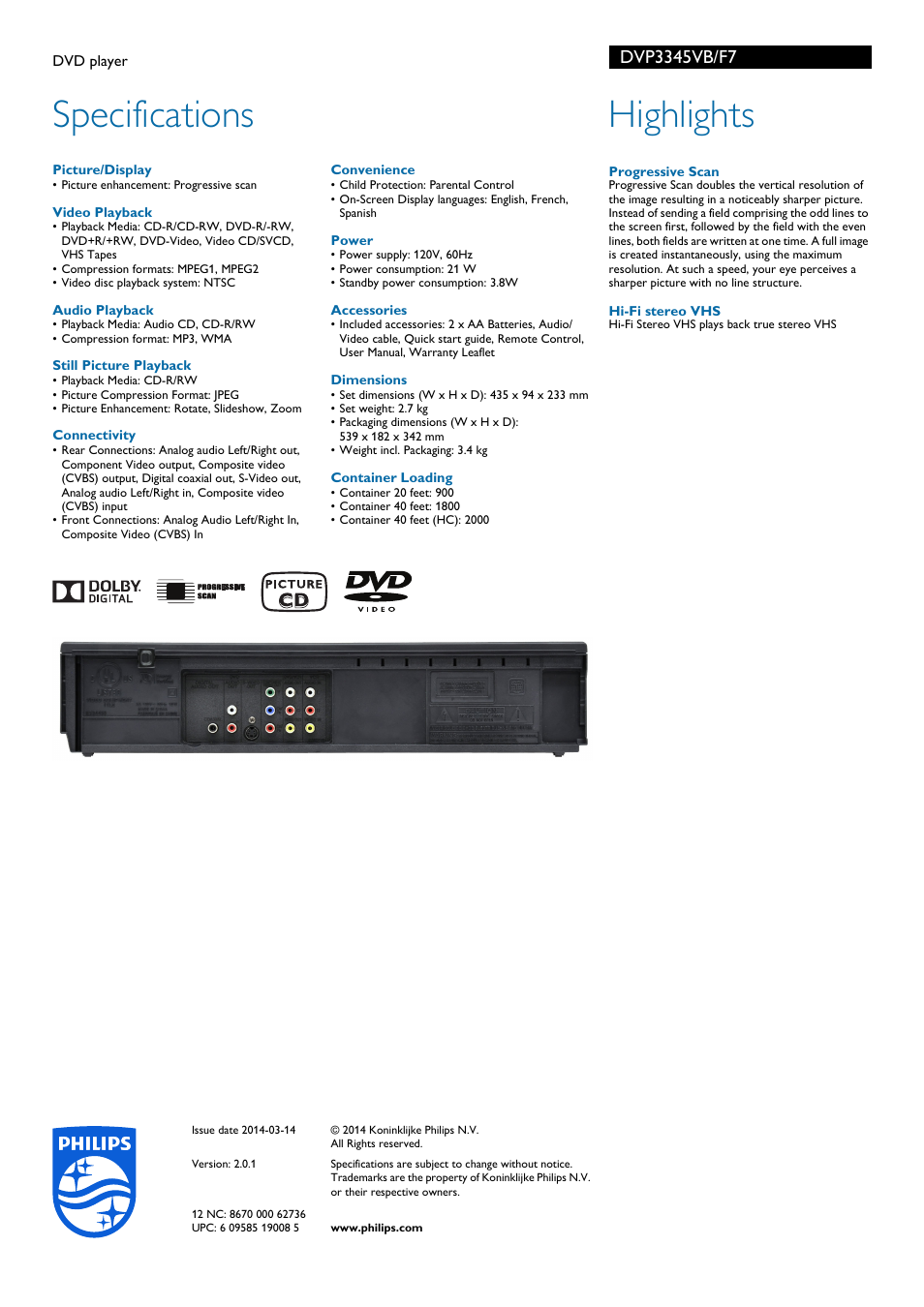 Specifications, Highlights | Philips DVP3345VB-F7 User Manual | Page 2 / 2
