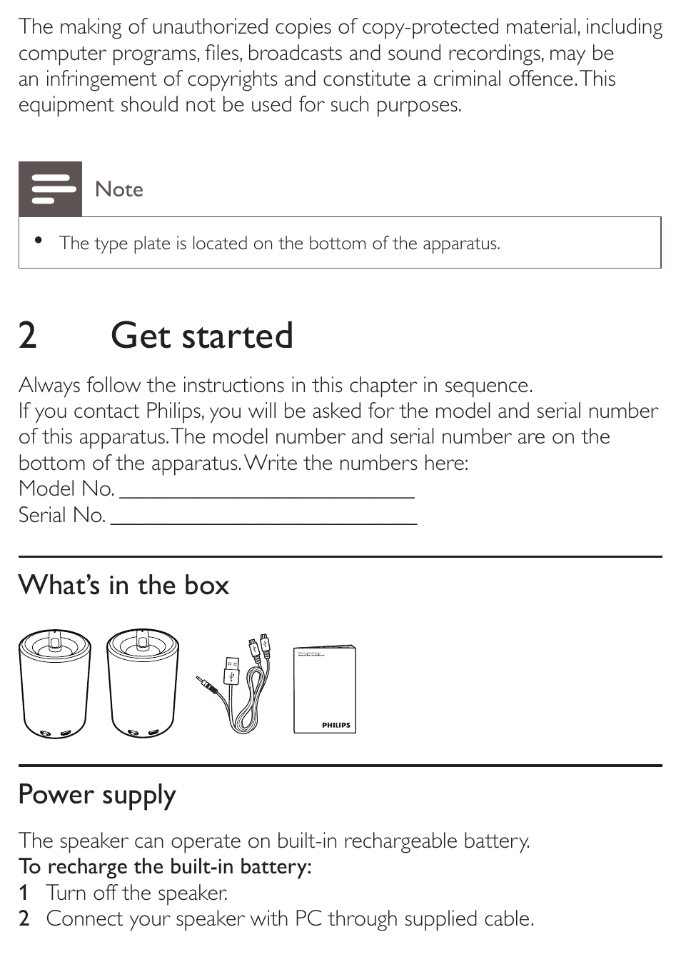 2get started, What’s in the box power supply | Philips SBA3210-37 User Manual | Page 5 / 10