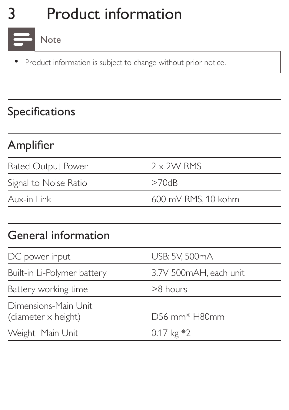 3product information, Specifications amplifier, General information | Philips SBA3210-37 User Manual | Page 7 / 10