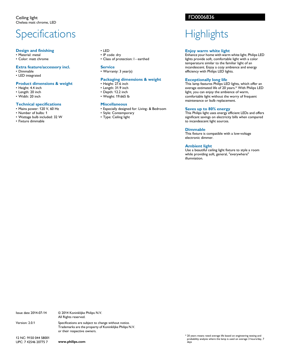 Specifications, Highlights | Philips FD0006836 User Manual | Page 2 / 2