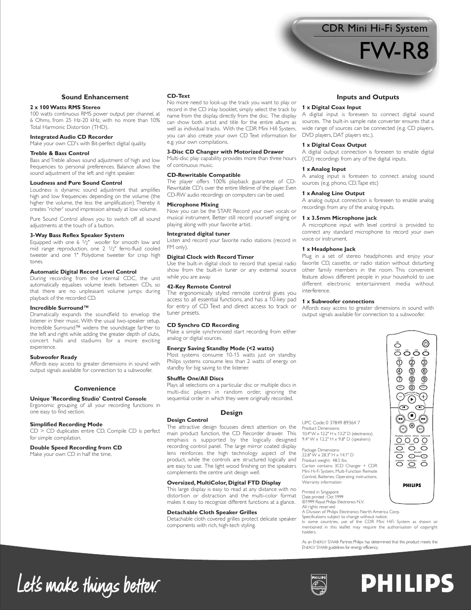 Fw-r8, Cdr mini hi-fi system, Sound enhancement | Convenience, Design, Inputs and outputs | Philips FWR8R-37 User Manual | Page 2 / 2